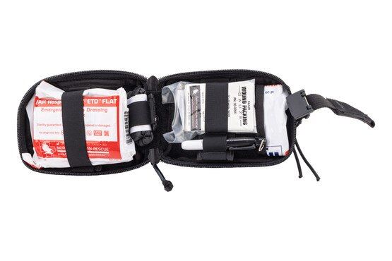 North American Rescue Enhanced Trauma Aid Kit in Black is made of nylon with 550 cord pulls